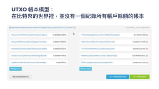 UTXO 帳本模型：


在比特幣的世界裡，並沒有⼀個紀錄所有帳⼾餘額的帳本
 