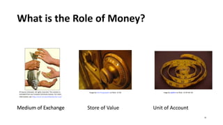 What is the Role of Money?
© Source Unknown. All rights reserved. This content is
excluded from our Creative Commons license. For more
mage o ongsa apan on flickr. CC . mage a alfaro on flickr. CC - C-SA
information, see https://ocw.mit.edu/help/faq-fair-use/
Me
Me
Med
d
di
i
iu
u
um
m
m of
of
of E
E
Ex
x
xch
ch
cha
a
an
n
ng
g
ge
e
e Store of Value Unit of Account
10
 