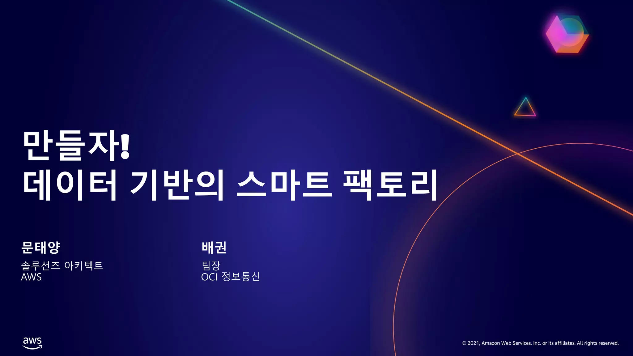© 2021, Amazon Web Services, Inc. or its affiliates. All rights reserved.
만들자!
데이터 기반의 스마트 팩토리
문태양
솔루션즈 아키텍트
AWS
배권
팀장
OCI 정보통신
 