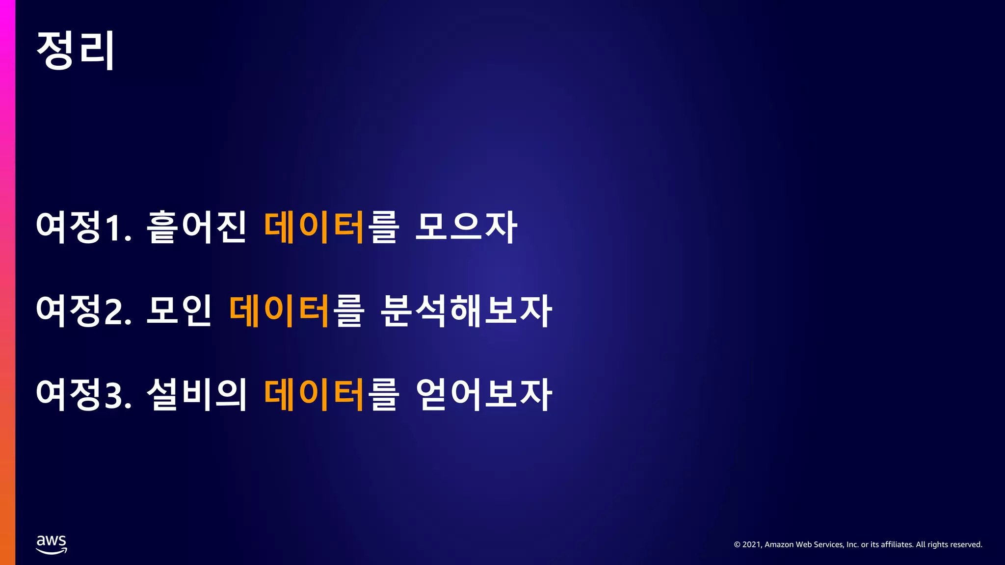 © 2021, Amazon Web Services, Inc. or its affiliates. All rights reserved.
정리
여정1. 흩어진 데이터를 모으자
여정2. 모인 데이터를 분석해보자
여정3. 설비의 데이터를 얻어보자
 