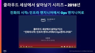 © 2021, Amazon Web Services, Inc. or its affiliates. All rights reserved.
© 2021, Amazon Web Services, Inc. or its affiliates. All rights reserved.
클라우드 세상에서 살아남기 시리즈 – 2018년
진화의 시작: 인프라 엔지니어에서 Ops 엔지니어로
 