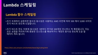 © 2021, Amazon Web Services, Inc. or its affiliates. All rights reserved.
© 2021, Amazon Web Services, Inc. or its affiliates. All rights reserved.
Lambda 스케일링
Lambda 함수 스케일링
•초기 트래픽이 급증하면 함수의 동시성은 사용하는 AWS 리전에 따라 500 에서 3,000 사이의
초기 버스트 한도에 도달합니다.
•초기 버스트 한도 이후에 동시성은 1분마다 추가로 500개의 인스턴스 씩 확장됩니다. 이는
모든 요청을 처리하기에 충분한 인스턴스를 확보하거나 계정의 동시성 한도에 도달 할
때까지 계속 됩니다.
https://docs.aws.amazon.com/lambda/latest/dg/scaling.html
 