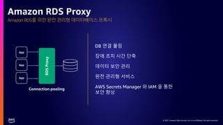 © 2021, Amazon Web Services, Inc. or its affiliates. All rights reserved.
© 2021, Amazon Web Services, Inc. or its affiliates. All rights reserved.
Connection pooling
RDS
Proxy
App
App
App
Amazon RDS를 위한 완전 관리형 데이터베이스 프록시
Amazon RDS Proxy
DB 연결 풀링
장애 조치 시간 단축
데이터 보안 관리
완전 관리형 서비스
AWS Secrets Manager 와 IAM 을 통한
보안 향상
 