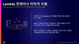 © 2021, Amazon Web Services, Inc. or its affiliates. All rights reserved.
© 2021, Amazon Web Services, Inc. or its affiliates. All rights reserved.
AWS Lambda 에서 컨테이너 이미지를 통해 함수 패키징과 배포
Lambda 컨테이너 이미지 지원
컨테이너 및 Lambda 기반 애플리케이션에 일관된
도구 사용
AWS 나 3rd 파티에서 제공하는 최대 10GB 크기의
이미지로 대규모 애플리케이션 배포
빠른 스케일링, 고가용성, 140개의 기본 서비스 통합,
사용량에 따른 비용 지불 등의 장점
 