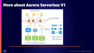 © 2021, Amazon Web Services, Inc. or its affiliates. All rights reserved.
© 2021, Amazon Web Services, Inc. or its affiliates. All rights reserved.
More about Aurora Serverless V1
https://docs.aws.amazon.com/AmazonRDS/latest/AuroraUserGuide/aurora-serverless.how-it-works.html#aurora-serverless.architecture
 