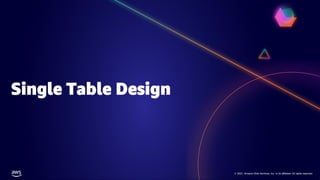 © 2021, Amazon Web Services, Inc. or its affiliates. All rights reserved.
© 2021, Amazon Web Services, Inc. or its affiliates. All rights reserved.
Single Table Design
 