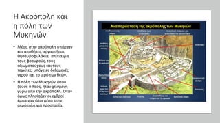 Η Ακρόπολη και
η πόλη των
Μυκηνών
• Μέσα στην ακρόπολη υπήρχαν
και αποθήκες, εργαστήρια,
θησαυροφυλάκια, σπίτια για
τους φρουρούς, τους
αξιωματούχους και τους
τεχνίτες, υπόγειες δεξαμενές
νερού και το ιερό των θεών.
• Η πόλη των Μυκηνών όπου
ζούσε ο λαός, ήταν χτισμένη
γύρω από την ακρόπολη. Όταν
όμως πλησίαζαν οι εχθροί
έμπαιναν όλοι μέσα στην
ακρόπολη για προστασία.
 