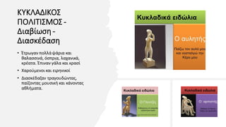 ΚΥΚΛΑΔΙΚΟΣ
ΠΟΛΙΤΙΣΜΟΣ -
Διαβίωση-
Διασκέδαση
• Έτρωγαν πολλάψάρια και
θαλασσινά, όσπρια, λαχανικά,
κρέατα. Έπιναν γάλα και κρασί
• Χαρούμενοι και ειρηνικοί
• Διασκέδαζαν τραγουδώντας,
παίζοντας μουσική και κάνοντας
αθλήματα.
 