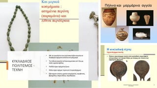 ΚΥΚΛΑΔΙΚΟΣ
ΠΟΛΙΤΙΣΜΟΣ -
ΤΕΧΝΗ
• Με τα εργαλεία τουςκατασκεύαζαναγγεία σε
διάφορα σχήματα απόλευκόμάρμαρο
• Τα πήλινα αγγεία τα διακοσμούσαναπ'έξωμε
πολύ ωραία σχέδια.
• Πολλά είχανσχήματα ζώων.
• Άλλα είχανσχήμα τηγανιού(τηγανόσχημα)
• Έφτιαχναν επίσηςωραία κοσμήματα,καρφίτσες,
βραχιόλια,δαχτυλίδια,περιδέραια.
 