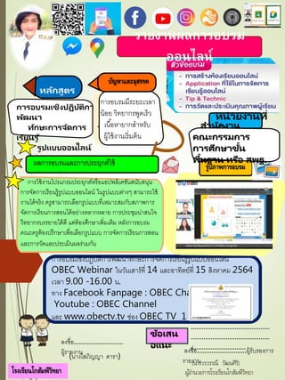 รายงานผลการอบรม
ออนไลน์
การอบรมเชิงปฏิบัติการพัฒนาทักษะการจัดการเรียนรู้รูปแบบออนไลน์
OBEC Webinar ในวันเสาร์ที่ 14 และอาทิตย์ที่ 15 สิงหาคม 2564
เวลา 9.00 -16.00 น.
ทาง Facebook Fanpage : OBEC Channel
Youtube : OBEC Channel
และ www.obectv.tv ช่อง OBEC TV 1
ลงชื่อ...........................
ผู้รายงาน
(นางโสภิญญา ดารา)
ข้อเสน
อแนะ
ลงชื่อ...........................ผู้รับรองการ
รายงาน
...........................................
...........................................
..............................
(นางวรวรรณี วัฒนศิริ)
รูปภาพการอบรม
ผลการอบรมและการประยุกต์ใช้
การใช้งานโปรแกรมประยุกต์หรือแอปพลิเคชันสนับสนุน
การจัดการเรียนรู้รูปแบบออนไลน์ ในรูปแบบต่างๆ สามารถใช้
งานได้จริง ครูสามารถเลือกรูปแบบที่เหมาะสมกับสภาพการ
จัดการเรียนการสอนได้อย่างหลากหลาย การประชุมน่าสนใจ
วิทยากรบรรยายได้ดี แต่ต้องศึกษาเพิ่มเติม หลังการอบรม
คณะครูต้องปรึกษาเพื่อเลือกรูปแบบ การจัดการเรียนการสอน
และการวัดและประเมินผลร่วมกัน
หลักสูตร
การอบรมเชิงปฏิบัติการ
พัฒนา
ทักษะการจัดการ
เรียนรู ้
รูปแบบออนไลน์
ปัญหาและอุสรรค
การอบรมมีระยะเวลา
น้อย วิทยากรพูดเรว
. เนื้อหายากสาหรับ
ผู้ใช้งานเริ่มต้น
หน่วยงานที่
จัด
สานักงาน
คณะกรรมการ
การศึกษาขั้น
พื้นฐาน หรือ สพฐ.
โรงเรียนโกสัมพีิทยา ผู้อานวยการโรงเรียนโกสัมพีีวิทยา
 