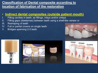Classification of Dental composite according to
location of fabrication of the restoration
• Indirect dental composites (outside patient mouth)
I. Filling cavities in teeth, as fillings, inlays and/or onlays
II. Filling gaps (diastemas) between teeth using a shell-like veneer or
III. Reshaping of teeth
IV. Full or partial crowns on single teeth
V. Bridges spanning 2-3 teeth
 