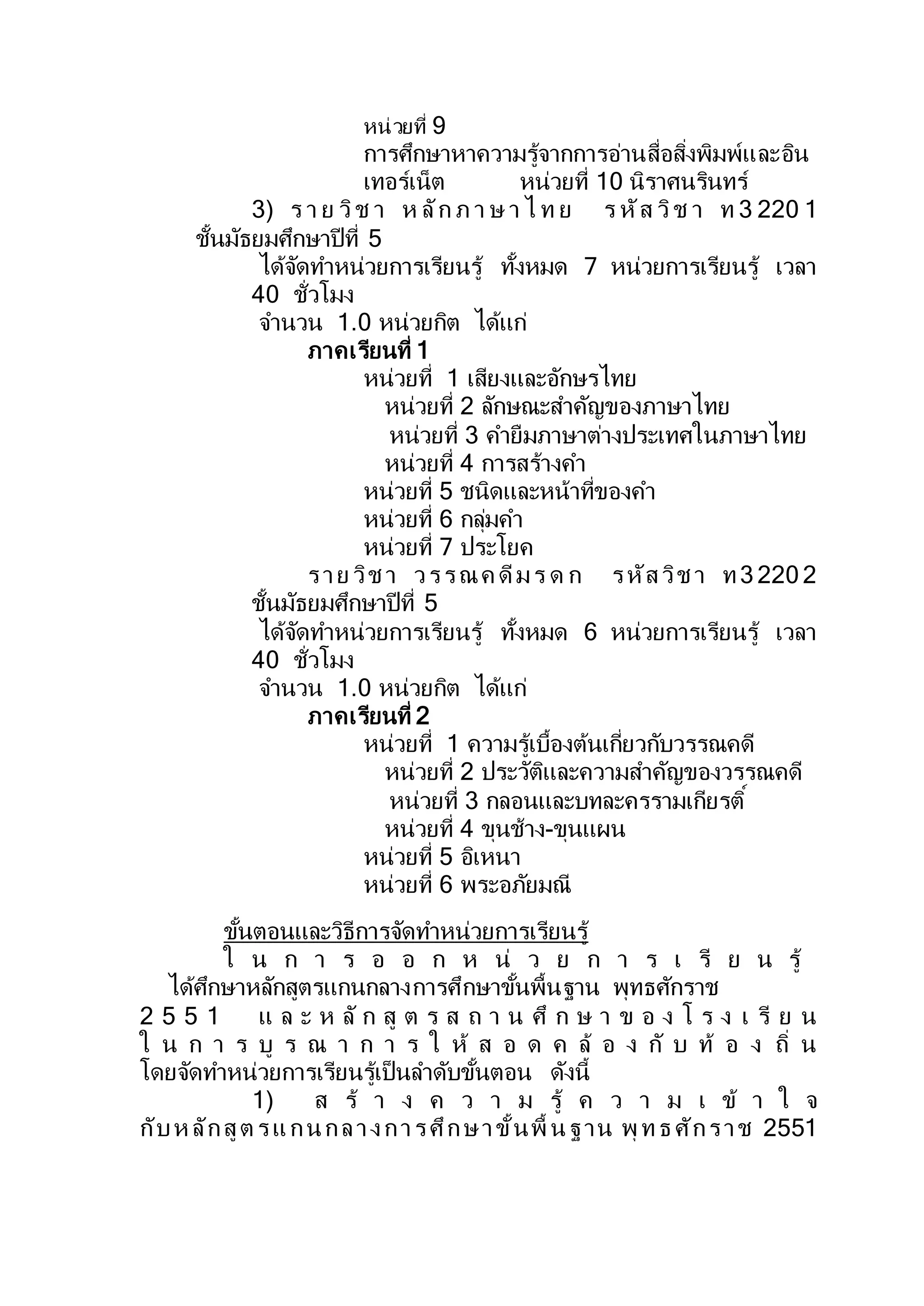 หน่วยที่ 9
การศึกษาหาความรู้จากการอ่านสื่อสิ่งพิมพ์และอิน
เทอร์เน็ต หน่วยที่ 10 นิราศนรินทร์
3) ร า ย วิช า ห ลัก ภ า ษ า ไ ท ย ร หัส วิช า ท 3 220 1
ชั้นมัธยมศึกษาปีที่ 5
ได้จัดทาหน่วยการเรียนรู้ ทั้งหมด 7 หน่วยการเรียนรู้ เวลา
40 ชั่วโมง
จานวน 1.0 หน่วยกิต ได้แก่
ภาคเรียนที่ 1
หน่วยที่ 1 เสียงและอักษรไทย
หน่วยที่ 2 ลักษณะสาคัญของภาษาไทย
หน่วยที่ 3 คายืมภาษาต่างประเทศในภาษาไทย
หน่วยที่ 4 การสร้างคา
หน่วยที่ 5 ชนิดและหน้าที่ของคา
หน่วยที่ 6 กลุ่มคา
หน่วยที่ 7 ประโยค
ราย วิช า วรรณค ดีมร ด ก รหัสวิช า ท3 220 2
ชั้นมัธยมศึกษาปีที่ 5
ได้จัดทาหน่วยการเรียนรู้ ทั้งหมด 6 หน่วยการเรียนรู้ เวลา
40 ชั่วโมง
จานวน 1.0 หน่วยกิต ได้แก่
ภาคเรียนที่ 2
หน่วยที่ 1 ความรู้เบื้องต้นเกี่ยวกับวรรณคดี
หน่วยที่ 2 ประวัติและความสาคัญของวรรณคดี
หน่วยที่ 3 กลอนและบทละครรามเกียรติ์
หน่วยที่ 4 ขุนช้าง-ขุนแผน
หน่วยที่ 5 อิเหนา
หน่วยที่ 6 พระอภัยมณี
ขั้นตอนและวิธีการจัดทาหน่วยการเรียนรู้
ใ น ก า ร อ อ ก ห น่ ว ย ก า ร เ รี ย น รู้
ได้ศึกษาหลักสูตรแกนกลางการศึกษาขั้นพื้นฐาน พุทธศักราช
2 5 5 1 แ ล ะ ห ลั ก สู ต ร ส ถ า น ศึ ก ษ า ข อ ง โ ร ง เ รี ย น
ใ น ก า ร บู ร ณ า ก า ร ใ ห้ ส อ ด ค ล้ อ ง กั บ ท้ อ ง ถิ่ น
โดยจัดทาหน่วยการเรียนรู้เป็นลาดับขั้นตอน ดังนี้
1) ส ร้ า ง ค ว า ม รู้ ค ว า ม เ ข้ า ใ จ
กับห ลักสูต รแกนกลางการศึกษาขั้นพื้ นฐาน พุ ทธ ศักราช 2551
 