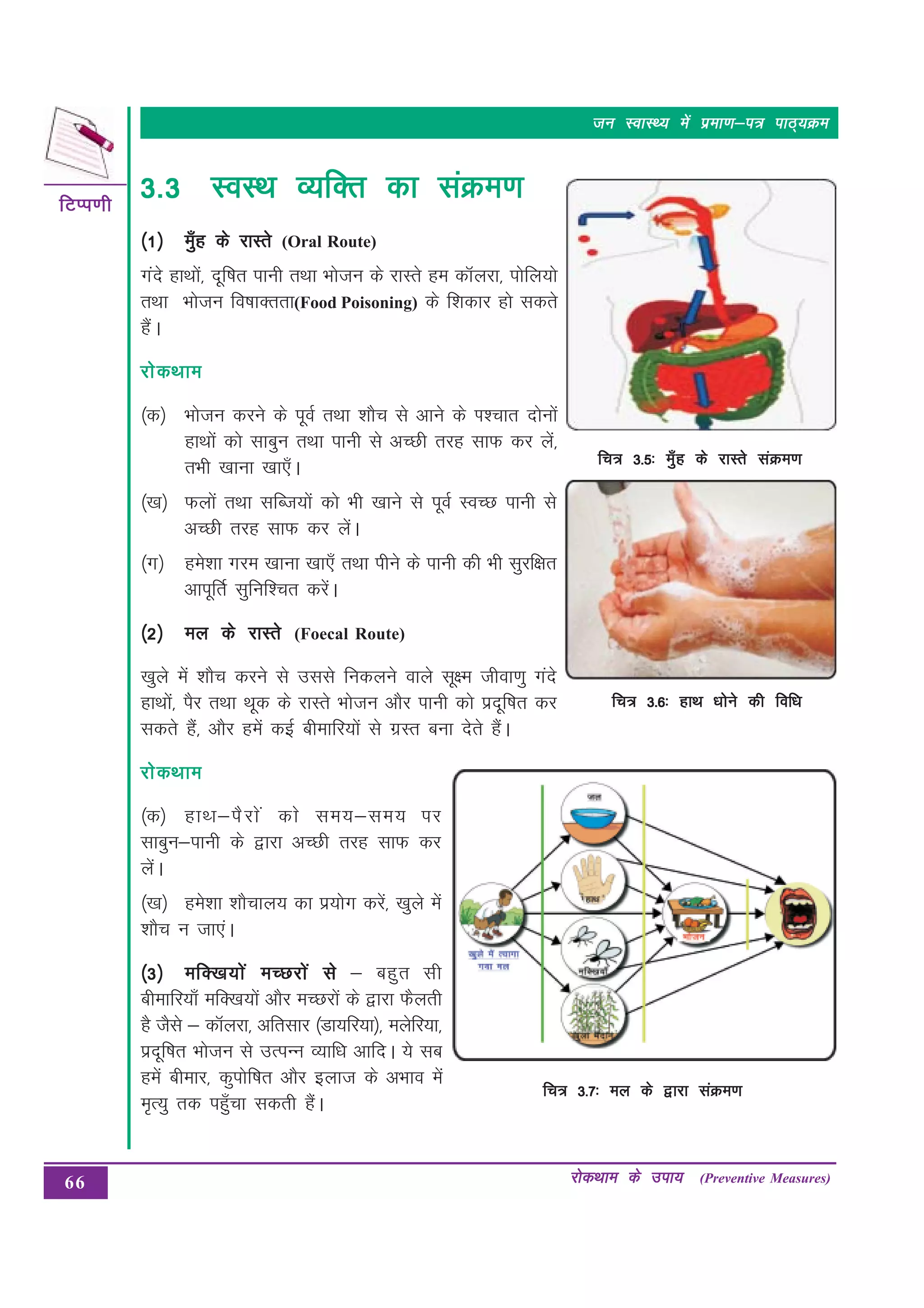 66
fVIi.kh
fVIi.kh
fVIi.kh
fVIi.kh
fVIi.kh
jksdFkke ds mik;
jksdFkke ds mik;
jksdFkke ds mik;
jksdFkke ds mik;
jksdFkke ds mik; (Preventive Measures)
tu LokLF; esa izek.k&i= ikB~;Øe
tu LokLF; esa izek.k&i= ikB~;Øe
tu LokLF; esa izek.k&i= ikB~;Øe
tu LokLF; esa izek.k&i= ikB~;Øe
tu LokLF; esa izek.k&i= ikB~;Øe
3-3
3-3
3-3
3-3
3-3 LoLFk O;fDr dk laØe.k
LoLFk O;fDr dk laØe.k
LoLFk O;fDr dk laØe.k
LoLFk O;fDr dk laØe.k
LoLFk O;fDr dk laØe.k
¼1½
¼1½
¼1½
¼1½
¼1½ eq¡g ds jkLrs
eq¡g ds jkLrs
eq¡g ds jkLrs
eq¡g ds jkLrs
eq¡g ds jkLrs (Oral Route)
xans gkFkksa] nwf’kr ikuh rFkk Hkkstu ds jkLrs ge dkWyjk] iksfy;ks
rFkk Hkkstu fo"kkDrrk(Food Poisoning) ds f”kdkj gks ldrs
gSaA
jksdFkke
jksdFkke
jksdFkke
jksdFkke
jksdFkke
¼d½ Hkkstu djus ds iwoZ rFkk “kkSp ls vkus ds Ik”pkr nksuksa
gkFkksa dks lkcqu rFkk ikuh ls vPNh rjg lkQ dj ysa]
RkHkh [kkuk [kk,¡A
¼[k½ Qyksa rFkk lfCt;ksa dks Hkh [kkus ls iwoZ LoPN ikuh ls
vPNh rjg lkQ dj ysaA
¼x½ ges”kk xje [kkuk [kk,¡ rFkk ihus ds ikuh dh Hkh lqjf{kr
vkiwfrZ lqfuf”pr djsaA
¼2½
¼2½
¼2½
¼2½
¼2½ ey ds jkLrs
ey ds jkLrs
ey ds jkLrs
ey ds jkLrs
ey ds jkLrs (Foecal Route)
[kqys esa “kkSp djus ls mlls fudyus okys lw{e thok.kq xans
gkFkksa] iSj rFkk Fkwd ds jkLrs Hkkstu vkSj ikuh dks iznwf’kr dj
ldrs gSa] vkSj gesa dbZ chekfj;ksa ls xzLr cuk nsrs gSaA
jksdFkke
jksdFkke
jksdFkke
jksdFkke
jksdFkke
¼d½ gkFk&iSjksa dks le;&le; ij
lkcqu&ikuh ds }kjk vPNh rjg lkQ dj
ysaA
¼[k½ ges”kk “kkSpky; dk iz;ksx djsa] [kqys esa
“kkSp u tk,aA
¼3½
¼3½
¼3½
¼3½
¼3½ efD[k;ksa ePNjksa ls
efD[k;ksa ePNjksa ls
efD[k;ksa ePNjksa ls
efD[k;ksa ePNjksa ls
efD[k;ksa ePNjksa ls & cgqr lh
chekfj;k¡ efD[k;ksa vkSj ePNjksa ds }kjk QSyrh
gS tSls & dkWyjk] vfrlkj ¼Mk;fj;k½] eysfj;k]
iznwf’kr Hkkstu ls mRiUu O;kf/k vkfnA ;s lc
gesa chekj] dqiksf’kr vkSj bykt ds vHkko esa
e`R;q rd igq¡pk ldrh gSaA
fp= 3-5% eq¡g ds jkLrs laØe.k
fp= 3-5% eq¡g ds jkLrs laØe.k
fp= 3-5% eq¡g ds jkLrs laØe.k
fp= 3-5% eq¡g ds jkLrs laØe.k
fp= 3-5% eq¡g ds jkLrs laØe.k
fp= 3-6% gkFk /kksus dh fof/k
fp= 3-6% gkFk /kksus dh fof/k
fp= 3-6% gkFk /kksus dh fof/k
fp= 3-6% gkFk /kksus dh fof/k
fp= 3-6% gkFk /kksus dh fof/k
fp= 3-7% ey ds }kjk laØe.k
fp= 3-7% ey ds }kjk laØe.k
fp= 3-7% ey ds }kjk laØe.k
fp= 3-7% ey ds }kjk laØe.k
fp= 3-7% ey ds }kjk laØe.k
 