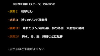 広がりを病期（ステージ）であらわす
• 病期Ⅰ 転移なし
• 病期II 近くのリンパ節転移
• 病期III 離れたリンパ節転移 肺の外側・大血管に浸潤
• 病期IV 胸水、骨、脳、肝臓などに転移
• 広がるほど予後がよくない
 