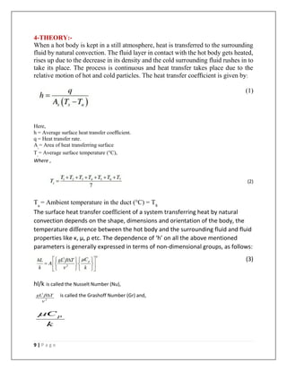 9 | P a g e
4-THEORY:-
When a hot body is kept in a still atmosphere, heat is transferred to the surrounding
fluid by natural convection. The fluid layer in contact with the hot body gets heated,
rises up due to the decrease in its density and the cold surrounding fluid rushes in to
take its place. The process is continuous and heat transfer takes place due to the
relative motion of hot and cold particles. The heat transfer coefficient is given by:
(1)
Here,
h = Average surface heat transfer coefficient.
q = Heat transfer rate.
As
= Area of heat transferring surface
Ts
= Average surface temperature (°C),
Where ,
(2)
Ta
= Ambient temperature in the duct (°C) = T8
The surface heat transfer coefficient of a system transferring heat by natural
convection depends on the shape, dimensions and orientation of the body, the
temperature difference between the hot body and the surrounding fluid and fluid
properties like κ, μ, ρ etc. The dependence of ‘h’ on all the above mentioned
parameters is generally expressed in terms of non-dimensional groups, as follows:
(3)
hl/k is called the Nusselt Number (Nu),
is called the Grashoff Number (Gr) and,
 