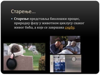 Старење...
 Старење представља биолошки процес,
природну фазу у животном циклусу сваког
живог бића, а које се завршава смрћу.
 