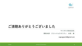 ご清聴ありがとうございました
サイボウズ株式会社
開発本部 アジャイルクオリティ 永田 敦
7/16/2021 COPYRIGHT © ATSUSHI NAGATA 78
nagnagworld@gmail.com
 