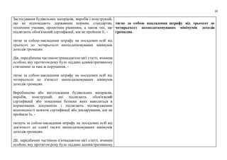 10
Застосування будівельних матеріалів, виробів і конструкцій,
що не відповідають державним нормам, стандартам,
технічним умовам, проектним рішенням, а також тих, що
підлягають обов'язковій сертифікації, але не пройшли її, -
тягне за собою накладення штрафу на посадових осіб від
трьохсот до чотирьохсот неоподатковуваних мінімумів
доходів громадян.
Дія, передбачена частиною тринадцятою цієї статті, вчинена
особою, яку протягом року було піддано адміністративному
стягненню за таке ж порушення, -
тягне за собою накладення штрафу на посадових осіб від
чотирьохсот до п'ятисот неоподатковуваних мінімумів
доходів громадян.
Виробництво або виготовлення будівельних матеріалів,
виробів, конструкцій, які підлягають обов'язковій
сертифікації або показники безпеки яких наводяться в
нормативних документах і підлягають підтвердженню
відповідності шляхом сертифікації або декларування, але не
пройшли їх, -
тягнуть за собою накладення штрафу на посадових осіб від
дев'ятисот до однієї тисячі неоподатковуваних мінімумів
доходів громадян.
Дії, передбачені частиною п'ятнадцятою цієї статті, вчинені
особою, яку протягом року було піддано адміністративному
тягне за собою накладення штрафу від трьохсот до
чотирьохсот неоподатковуваних мінімумів доходів
громадян.
 