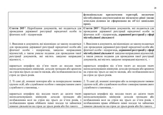 28
функціональне призначення території, визначене
містобудівною документацією на місцевому рівні (якщо
земельна ділянка не сформована як об’єкт цивільних
прав).
Стаття 205-1
. Підроблення документів, які подаються для
проведення державної реєстрації юридичної особи та
фізичних осіб - підприємців
1. Внесення в документи, які відповідно до закону подаються
для проведення державної реєстрації юридичної особи або
фізичної особи - підприємця, завідомо неправдивих
відомостей, а також умисне подання для проведення такої
реєстрації документів, які містять завідомо неправдиві
відомості, -
караються штрафом від п’яти тисяч до восьми тисяч
неоподатковуваних мінімумів доходів громадян або арештом
на строквід трьох до шести місяців, або позбавленням волі на
строк до трьох років.
2. Ті самі дії, вчинені повторно або за попередньою змовою
групою осіб, або службовою особою з використанням свого
службового становища, -
караються штрафом від восьми тисяч до десяти тисяч
неоподатковуваних мінімумів доходів громадян або
позбавленням волі на строк від трьох до п’яти років, з
позбавленням права обіймати певні посади чи займатися
певною діяльністю на строк до трьох років або без такого.
Стаття 205-1
. Підроблення документів, які подаються для
проведення державної реєстрації юридичної особи та
фізичних осіб - підприємців, державної реєстрації у сфері
містобудівної діяльності
1. Внесення в документи, яківідповідно до законуподаються
для проведення державної реєстрації юридичної особи або
фізичної особи - підприємця, державної реєстрації у сфері
містобудівноїдіяльності завідомонеправдивихвідомостей,
а також умисне подання для проведення такої реєстрації
документів, які містять завідомо неправдиві відомості, -
караються штрафом від п’яти тисяч до восьми тисяч
неоподатковуванихмінімумів доходів громадянабо арештом
на строк від трьох до шести місяців, або позбавленням волі
на строк до трьох років.
2. Ті самі дії, вчинені повторно або за попередньою змовою
групою осіб, або службовою особою з використанням свого
службового становища, -
караються штрафом від восьми тисяч до десяти тисяч
неоподатковуваних мінімумів доходів громадян або
позбавленням волі на строк від трьох до п’яти років, з
позбавленням права обіймати певні посади чи займатися
певною діяльністю на строк до трьох років або без такого.
 