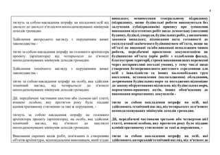 8
тягнуть за собою накладення штрафу на посадових осіб від
двохсот до двохсот п'ятдесяти неоподатковуваних мінімумів
доходів громадян.
Здійснення авторського нагляду з порушенням вимог
законодавства -
тягне за собою накладення штрафу на головного архітектора
проекту (архітектора) від чотирьохсот до п'ятисот
неоподатковуваних мінімумів доходів громадян.
Здійснення технічного нагляду з порушенням вимог
законодавства -
тягне за собою накладення штрафу на особу, яка здійснює
технічний нагляд, від чотирьохсот до п'ятисот
неоподатковуваних мінімумів доходів громадян.
Дії, передбачені частинами шостою або сьомою цієї статті,
вчинені особою, яку протягом року було піддано
адміністративному стягненню за такі ж порушення, -
тягнуть за собою накладення штрафу на головного
архітектора проекту (архітектора), на особу, яка здійснює
технічний нагляд, від п'ятисот до шестисот
неоподатковуваних мінімумів доходів громадян.
Виконання окремих видів робіт, пов'язаних із створенням
об'єктів архітектури, відповідальним виконавцем, якийзгідно
випадках; невинесення генеральному підряднику
(підряднику, якщо будівельні роботи виконуються без
залучення субпідрядників) припису про зупинення
виконання підготовчих робіт щодо демонтажу (знесення)
будинку, будівлі, споруди,будівельнихробіт, увизначених
законом випадках; підписання акта готовності до
експлуатації закінченого будівництвом об’єкта, якщо на
об’єкті не виконані та/або виконані неналежним чином
роботи, передбачені проектною документацією на
будівництво об’єкта (крім робіт з оздоблення фасаду,
благоустрою території, строки виконанняякихперенесені
через несприятливі погодні умови), у тому числі щодо
створення безперешкодного життєвого середовища для
осіб з інвалідністю та інших маломобільних груп
населення, встановлення (налагодження) обладнання,
дотримання будівельних норм та погоджених відповідно
до законуобґрунтованихвідхилень від будівельнихнорм,
нормативно-правових актів, інших обов’язкових до
виконання нормативних документів -
тягне за собою накладення штрафу на осіб, які
здійснюють технічний нагляд,від чотирьохсотдоп'ятисот
неоподатковуваних мінімумів доходів громадян.
Дії, передбачені частинами третьою або четвертою цієї
статті, вчинені особою, яку протягом року було піддано
адміністративному стягненню за такі ж порушення, -
тягне за собою накладення штрафу на осіб, які
здійснюють авторський/технічний нагляд, від п'ятисотдо
 