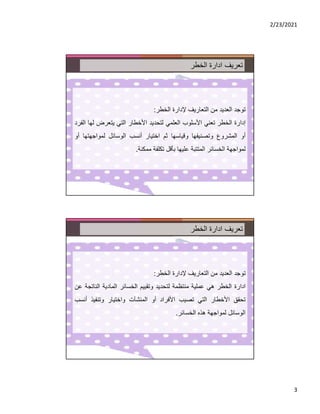 2/23/2021
3
‫الخطر‬ ‫ادارة‬ ‫تعريف‬
‫ﻹدارة‬ ‫التعاريف‬ ‫من‬ ‫العديد‬ ‫توجد‬
‫الخطر‬
:
‫إدارة‬
‫الخطر‬
‫تعني‬
‫اﻷسلوب‬
‫العلمي‬
‫لتحديد‬
‫اﻷخطار‬
‫التي‬
‫يتعرض‬
‫ل‬
‫ها‬
‫الفرد‬
‫أو‬
‫المشروع‬
‫وتصنيفها‬
‫وقياسها‬
‫ثم‬
‫اختيار‬
‫أنسب‬
‫الوسائل‬
‫لمواجهت‬
‫ها‬
‫أو‬
‫لمواجهة‬
‫الخسائر‬
‫المتتبة‬
‫عليها‬
‫بأقل‬
‫تكلفة‬
‫ممكنة‬
.
‫الخطر‬ ‫ادارة‬ ‫تعريف‬
‫ﻹدارة‬ ‫التعاريف‬ ‫من‬ ‫العديد‬ ‫توجد‬
‫الخطر‬
:
‫ادارة‬
‫الخطر‬
‫هي‬
‫عملية‬
‫منتظمة‬
‫لتحديد‬
‫وتقييم‬
‫الخسائر‬
‫المادية‬
‫النات‬
‫جة‬
‫عن‬
‫تحقق‬
‫اﻷخطار‬
‫التي‬
‫تصيب‬
‫اﻷفراد‬
‫أو‬
‫المنشآت‬
‫واختيار‬
‫وتنفيذ‬
‫أ‬
‫نسب‬
‫الوسائل‬
‫لمواجهة‬
‫هذه‬
‫الخسائر‬
.
 