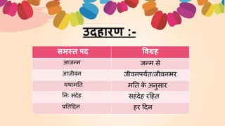 उिहारण :-
समस्त पि ववग्रह
आज्ि ज्ि से
आजीवन जीवनपयंतन/जीवनभर
यर्ािततन िततन क
े अनुसार
तनिः संदेह सहंदेह रहहतन
प्रततनहदन हर हदन
 