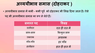 अव्ययीभाव समास (िोहरािर )
• अव्ययीभाव सिास िें कभी - कभी पूवथ को दोहराकर भी मलख हदया जातना है। ऐसे
पद भी अव्ययीभाव सिास का रूप ले लेतने हैं।
समस्त पि ववग्रह
रातनोंरातन रातन ही रातन िें
साफ़-साफ़ बबल्क
ु ल साफ़
एकाएक अचानक
गााँव-गााँव हर गााँव
हातनोंहातन हातन ही हातन िें
 