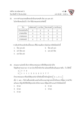 รหัสวิชา 89 คณิตศาสตร 2
วันอาทิตยที่ 17 มีนาคม 2562 เวลา 08.30 – 10.00 น.
หนา |9
25. จากการคํานวณเกรดเฉลี่ยของนักเรียนสามคนคือ จอย แจง และ แจว
ในวิชาที่ลงทะเบียนไว 4 วิชา ซึ่งมีเกรดและหนวยกิตดังนี้
วิชา คณิตศาสตร ภาษาไทย วิทยาศาสตร ภาษาอังกฤษ
จํานวนหนวยกิต 3 2 3 2
เกรดของจอย 4 3 4 2
เกรดของแจง 3 4 4 3
เกรดของแจว 4 4 2 3
การเรียงลําดับของนักเรียนทั้งสามคน ที่ไดเกรดเฉลี่ยจากนอยไปมากคือขอใดตอไปนี้
1. จอย แจง แจว 2. จอย แจว แจง
3. แจว จอย แจง 4. แจง แจว จอย
5. แจง จอย แจว
26. สวนมะนาวแหงหนึ่ง ตองการคัดขนาดของมะนาวที่สงใหซุปเปอรมารเก็ต
จึงสุมตัวอยางมะนาวมา 15 ผล นํามาชั่งน้ําหนัก(กรัม) แตละผลซึ่งเขียนเปนแผนภาพตน – ใบ ไดดังนี้
4 7 7 9
5 1 1 1 1 2 3 3 3 3 5 7 7
ถาขนาดของมะนาวที่จะสงใหซุปเปอรมารเก็ตตองมีน้ําหนักอยูในชวง x s, x s
 
 
 
เมื่อ x และ s คือคาเฉลี่ยเลขคณิต และสวนเบี่ยงเบนมาตรฐานของน้ําหนักมะนาวที่สุมมา ตามลําดับ
แลวมะนาวที่ถูกคัดไวที่สงใหซุปเปอรมารเก็ตจากมะนาวที่สุมมามีจํานวนเทากับขอใดตอไปนี้
1. 10 ผล 2. 11 ผล
3. 12 ผล 4. 13 ผล
5. 15 ผล
 