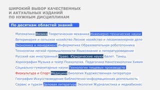 ШИРОКИЙ ВЫБОР КАЧЕСТВЕННЫХ
И АКТУАЛЬНЫХ ИЗДАНИЙ
ПО НУЖНЫМ ДИСЦИПЛИНАМ
Математика Физика Теоретическая механика Инженерно-технические науки
Ветеринария и сельское хозяйство Лесное хозяйство и лесоинженерное дело
Экономика и менеджмент Информатика Образовательная робототехника
Технологии легкой промышленности Языкознание и литературоведение
Русский как иностранный Право. Юридические науки Балет. Танец.
Хореография Музыка и театр Психология. Педагогика Нанотехнологии Химия
Социально-гуманитарные науки Технологии пищевых производств
Физкультура и Спорт Медицина Биология Художественная литература
География Искусствоведение Библиотечно-информационная деятельность
Сервис и туризм Деловая литература Экология Журналистика и медиабизнес
По десяткам областей знаний
 