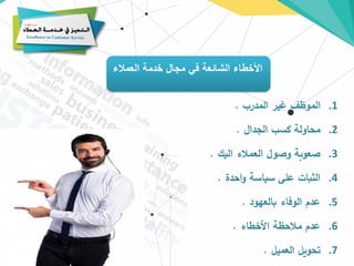 ‫العمالء‬ ‫خدمة‬ ‫مجال‬ ‫في‬ ‫الشائعة‬ ‫األخطاء‬
.1
‫المدرب‬ ‫غير‬ ‫الموظف‬
.
.2
‫الجدال‬ ‫كسب‬ ‫محاولة‬
.
.3
‫اليك‬ ‫العمالء‬ ‫وصول‬ ‫صعوبة‬
.
.4
‫احدة‬‫و‬ ‫سياسة‬ ‫على‬ ‫الثبات‬
.
.5
‫بالعهود‬ ‫الوفاء‬ ‫عدم‬
.
.6
‫األخطاء‬ ‫مالحظة‬ ‫عدم‬
.
.7
‫العميل‬ ‫تحويل‬
.
 