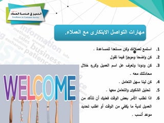 .1
‫استمع‬
‫لعمالئك‬
‫وكن‬
‫مستعدا‬
‫للمساعدة‬
.
.2
‫كن‬
‫اضحا‬‫و‬
‫ا‬
‫ز‬‫وموج‬
‫فيما‬
‫تقول‬
.3
‫كن‬
‫ودودا‬
‫وتعرف‬
‫عل‬
‫اسم‬
‫العميل‬
‫ه‬
‫وكرر‬
‫خالل‬
‫محادثتك‬
‫معه‬
.
.4
‫كن‬
‫لينا‬
‫سهل‬
‫التعامل‬
.
.5
‫تحليل‬
‫ى‬‫الشكو‬
‫التعامل‬‫و‬
‫معها‬
.
.6
‫اذا‬
‫تطلب‬
‫األمر‬
‫بعض‬
‫الوقت‬
‫فعليك‬
‫أن‬
‫تتأكد‬
‫من‬
‫العميل‬
‫لدية‬
‫ما‬
‫يكفي‬
‫من‬
‫الوقت‬
‫أو‬
‫اطلب‬
‫تحدي‬
‫د‬
‫موعد‬
‫أنسب‬
.
‫العمالء‬ ‫مع‬ ‫االبتكارى‬ ‫التواصل‬ ‫مهارات‬
.
 