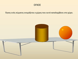 Όγκος ενός σώματος ονομάζεται ο χώρος που αυτό καταλαμβάνει στο χώρο.
ΟΓΚΟΣ
 