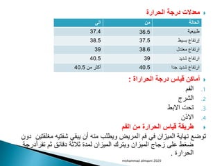 
‫الحرارة‬ ‫درجة‬ ‫معدالت‬

‫الحراراة‬ ‫درجة‬ ‫قياس‬ ‫أماكن‬
:
.1
‫الفم‬
.2
‫الشرج‬
.3
‫االبط‬ ‫تحت‬
.4
‫االذن‬

‫الفم‬ ‫من‬ ‫الحرارة‬ ‫قياس‬ ‫طريقة‬
‫مغل‬ ‫شفتيه‬ ‫يبقي‬ ‫أن‬ ‫منه‬ ‫ويطلب‬ ‫المريض‬ ‫فم‬ ‫في‬ ‫الميزان‬ ‫نهاية‬ ‫توضع‬
‫دون‬ ‫قتين‬
‫تقرأد‬ ‫ثم‬ ‫دقائق‬ ‫ثالثة‬ ‫لمدة‬ ‫الميزان‬ ‫ويترك‬ ‫الميزان‬ ‫زجاج‬ ‫على‬ ‫ضغط‬
‫رجة‬
‫الحرارة‬
.
‫الى‬ ‫من‬ ‫الحالة‬
37.4 36.5 ‫طبيعية‬
38.5 37.5 ‫بسيط‬ ‫إرتفاع‬
39 38.6 ‫معتدل‬ ‫ارتفاع‬
40.5 39 ‫شديد‬ ‫ارتفاع‬
‫أكثر‬
‫من‬
40.5 40.5 ‫جدا‬ ‫شديد‬ ‫ارتفاع‬
mohammad almaani 2020
 