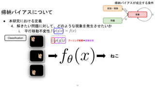 帰納バイアスについて
● 本研究における定義
4. 解きたい問題に対して、どのような現象を発生させたいか
i. 平行移動不変性
仮説・理論
問題
現象
①
②
④
③
ねこ
プーリング処理 変換処理
Classification
14
帰納バイアスが成立する条件
 