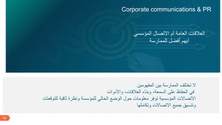 18
‫المفهومين‬ ‫بين‬ ‫الممارسة‬ ‫تختلف‬ ‫ال‬
‫واألدوات‬ ،‫العالقات‬ ‫وبناء‬ ،‫السمعة‬ ‫على‬ ‫الحفاظ‬ ‫في‬
‫للتوقعات‬ ‫ثاقبة‬ ‫ونظرة‬ ‫للمؤسسة‬ ‫الحالي‬ ‫الوضع‬ ‫حول‬ ‫معلومات‬ ‫توفر‬ ‫المؤسسية‬ ‫االتصاالت‬
‫وتكاملها‬ ‫االتصاالت‬ ‫جميع‬ ‫وتنسيق‬
‫المؤسسي‬ ‫االتصال‬ ‫أم‬ ‫العامة‬ ‫العالقات‬
‫للممارسة‬ ‫أفضل‬ ‫أيهم‬
Corporate communications & PR
 
