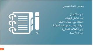 8
‫االتصال‬ ‫إدارة‬
‫االستراتيجيات‬ ‫بناء‬
‫اإلعالم‬ ‫وسائل‬ ‫مع‬ ‫العالقة‬
‫المنظمة‬ ‫معلومات‬ ‫ونشر‬ ‫اإلقناع‬
‫التجارية‬ ‫العالمة‬ ‫إدارة‬
‫األزمات‬ ‫إدارة‬
‫المؤسسي‬ ‫االتصال‬ ‫مدير‬ ‫مهام‬
 