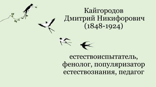 Кайгородов
Дмитрий Никифорович
(1848-1924)
естествоиспытатель,
фенолог, популяризатор
естествознания, педагог
 