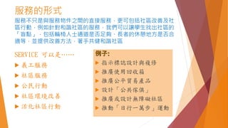 服務的形式
SERVICE 可以是……
 義工服務
 社區服務
 公民行動
 社區環境改善
 活化社區行動
例子:
 指示標誌設計與複修
 推廣使用回收箱
 推廣公平貿易產品
 設計「公共傢俱」
 推廣或設計無障礙社區
 推動「日行一萬步」運動
服務不只是與服務物件之間的直接服務，更可包括社區改善及社
區行動，例如針對和諧社區的服務，我們可以讓學生找出社區的
「盲點」，包括輪椅人士通道是否足夠、長者的休憩地方是否合
適等，並提供改善方法，著手共健和諧社區
 