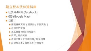 建立校本伙伴資料庫
 社交KM網站 (Facebook)
 GIS (Google Map)
 包括：
 服務機構資料 （受資助 / 非受資助 ）
 政府部門資料
 地區團體 /地區領袖資料
 商界 / 商戶資料
 老師回饋 / 使用者回饋 / 伙伴回饋
 以課程為本 / 服務為本 分類搜尋
 