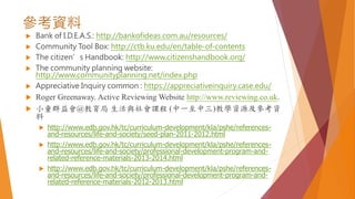  Bank of I.D.E.A.S.: http://bankofideas.com.au/resources/
 Community Tool Box: http://ctb.ku.edu/en/table-of-contents
 The citizen’s Handbook: http://www.citizenshandbook.org/
 The community planning website:
http://www.communityplanning.net/index.php
 Appreciative Inquiry common : https://appreciativeinquiry.case.edu/
 Roger Greenaway. Active Reviewing Website http://www.reviewing.co.uk.
 小童群益會@教育局 生活與社會課程 (中一至中三)教學資源及參考資
料
 http://www.edb.gov.hk/tc/curriculum-development/kla/pshe/references-
and-resources/life-and-society/seed-plan-2011-2012.html
 http://www.edb.gov.hk/tc/curriculum-development/kla/pshe/references-
and-resources/life-and-society/professional-development-program-and-
related-reference-materials-2013-2014.html
 http://www.edb.gov.hk/tc/curriculum-development/kla/pshe/references-
and-resources/life-and-society/professional-development-program-and-
related-reference-materials-2012-2013.html
參考資料
 