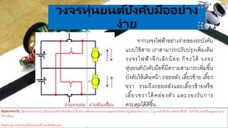 .
วงจรหุ่นยนต์บังคับมืออย่ำง
ง่ำย
จากวงจรไฟฟ้าอย่างง่ายของรถบังคับ
แบบใช้สาย เราสามารถปรับปรุงเพิ่มเติม
วงจรไฟฟ้าอีกเล็กน้อย ก็จะได้ วงจร
หุ่นยนต์บังคับมือที่มีความสามารถเพิ่มขึ้น
บังคับให้เดินหน้า ถอยหลัง เลี้ยวซ้าย เลี้ยว
ขวา รวมถึงถอยหลังและเลี้ยวซ้ายหรือ
เลี้ยวขวาได้คล่องตัว และรองรับการ
ควบคุมได้ดีขึ้น
ข้อควรระวัง เนื่องจากวงจรออกแบบให้ประกอบได้ง่ายจึงไม่มีระบบป้องกันการลัดวงจร ระหว่างควบคุมควรระวังอย่ากดปุ่มพร้อมกันมากกว่า 2 ปุ่ม จะทาให้เกิดการลัดวงจรขึ้นได้ จะทาให้แบตเตอรี่ร้อนและอายุการ
ใช้งานสั้นลง
ส่วนควบคุม จะประกอบไปด้วยแบตเตอรี่ และสวิตช์ควบคุม
 