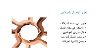 •
‫الموظف‬ ‫سعادة‬ ‫من‬ ‫يزيد‬
•
‫العمل‬ ‫مكان‬ ‫في‬ ‫االبتكار‬
•
‫الموظفين‬ ‫دوران‬ ‫يقلل‬
•
‫المواهب‬ ‫أفضل‬ ‫توظيف‬
•
‫الموظف‬ ‫إنتاجية‬ ‫يحسن‬
‫بالموظفين‬ ‫االتصال‬ ‫تعزيز‬
 