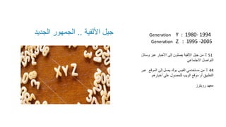 ‫العامة‬ ‫العالقات‬
Generation Y : 1980- 1994
Z : 1995 -2005
Generation
‫األلفية‬ ‫جيل‬
..
‫الجدي‬ ‫الجمهور‬
‫د‬
51
‫وس‬ ‫عبر‬ ‫األخبار‬ ‫إلى‬ ‫يصلون‬ ‫األلفية‬ ‫جيل‬ ‫من‬ ٪
‫ائل‬
‫االجتماعي‬ ‫التواصل‬
44
‫يصل‬ ‫بوك‬ ‫الفيس‬ ‫مستخدمي‬ ‫من‬ ٪
‫عبر‬ ‫الموقع‬ ‫إلى‬
‫أخبارهم‬ ‫على‬ ‫للحصول‬ ‫الويب‬ ‫موقع‬ ‫أو‬ ‫التطبيق‬
‫رويترز‬ ‫معهد‬
 