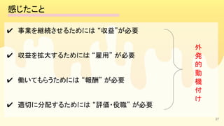 感じたこと 
27
✔　事業を継続させるためには “収益”が必要 
 
✔　収益を拡大するためには “雇用” が必要 
 
✔　働いてもらうためには “報酬” が必要 
 
✔　適切に分配するためには “評価・役職” が必要 
外
発
的
動
機
付
け 
 