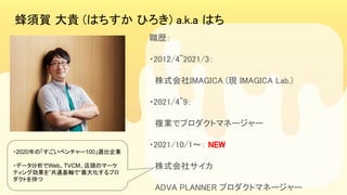 蜂須賀 大貴 (はちすか ひろき) a.k.a はち 
職歴： 
・2012/4~2021/3： 
　株式会社IMAGICA (現 IMAGICA Lab.) 
・2021/4~9：　　 
　複業でプロダクトマネージャー 
・2021/10/1〜： NEW 
　株式会社サイカ  
　ADVA PLANNER プロダクトマネージャー 
・2020年の「すごいベンチャー100」選出企業
・データ分析でWeb、TVCM、店頭のマーケ
ティング効果を”共通基軸で”最大化するプロ
ダクトを持つ
 
