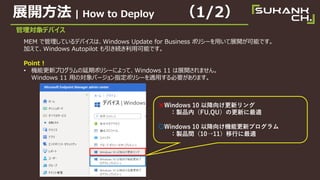 չ_ | How to Deploy 1/2
팝ǥХ
MEM ǹƤǥХϡWindows Update for Business ݥꥷ`äչ_ܤǤ
ӤơWindows Autopilot AÿܤǤ
Point !
? Cܸ¥ץڥݥꥷ`ˤäơWindows 11 չ_ޤ
Windows 11 äΌЩ`ָݥꥷ`mäҪޤ
?Windows 10 Խ򤱸¥
uƷڣFU,QUθ¤m
Windows 10 Խ򤱙Cܸ¥ץ
uƷg1011Фm
 