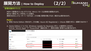 չ_ | How to Deploy 2/2
팝ǥХ
MEM ǹƤʤǥХϡWin11 `Խ혴չ_ޤ
 Ұ PC ڤƤϡ
򥨥ɥ``һΤ뤫C˹팝Ȥ뤫ӑαҪޤ
Point !
Q. Ұ Home Edition ޤC Azure AD Registered + Intune hǥݥꥷ`չ_Ǥޤ
A. Home Edition ˤĤƤϡWindows Update for Business ݥꥷ`mˤʤޤ
Τ Win32 Apps  PowerShell Cܤäơ¤?Ҫޤ
 