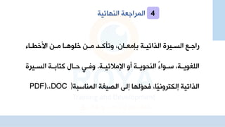 ‫النهائية‬ ‫المرااعة‬
‫ااء‬‫ا‬ ‫األب‬ ‫ا‬‫ا‬‫م‬ ‫اا‬‫ا‬‫بلوه‬ ‫ا‬‫ا‬‫م‬ ‫اد‬‫ا‬‫وتلك‬ ‫اانا‬‫ا‬‫مع‬ ‫ب‬ ‫اة‬‫ا‬‫الذاتي‬ ‫اير‬‫ا‬‫الس‬ ‫اع‬‫ا‬‫راا‬
‫اة‬‫ا‬‫اإمالئي‬ ‫أو‬ ‫اة‬‫ا‬‫النحوي‬ ‫ن‬‫ء‬‫اوا‬‫ا‬‫س‬ ‫اةا‬‫ا‬‫اللغوي‬
.
‫اير‬‫ا‬‫الس‬ ‫اة‬‫ا‬‫كتاب‬ ‫اال‬‫ا‬‫ح‬ ‫اي‬‫ا‬‫وف‬
‫المناسبة‬ ‫الصيغة‬ ‫جلا‬ ‫ّلها‬
‫و‬‫فح‬ ‫ًاا‬‫ي‬‫جلكتروه‬ ‫الذاتية‬
(
DOC
‫ا‬
PDF).
4
 