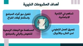 ‫الخيرية‬ ‫المشروعات‬ ‫أهداف‬
‫التنمين‬ ‫نسعٍأ‬
‫ين‬ ‫االتمع‬
.
‫المنتم‬ ‫رات‬ ‫توع‬ ‫نفييت‬
‫الفراغ‬ ‫ومعخ‬ ‫تثمعع‬ ‫وا‬
.
‫التطس‬ ‫اليمت‬ ‫نيميد‬
‫واألليعل‬ ‫النشء‬ ‫ن‬ ‫ل‬
.
‫مين‬ ‫الر‬ ‫النهعخ‬ ‫م‬ ‫المسعٍمن‬
‫علمنتم‬ ‫والرم‬ ‫نهسض‬ ‫ل‬
.
 