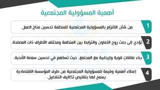 ‫المجتمعية‬ ‫المسؤولية‬ ‫أهمية‬
‫العم‬ ‫مناخ‬ ‫تحسين‬ ‫للمنظمة‬ ‫المجتمعية‬ ‫بالمسؤولية‬ ‫االلتزام‬ ‫شأن‬ ‫من‬
‫ل‬
. 1
‫المص‬ ‫ذات‬ ‫األطراف‬ ‫ومختلف‬ ‫المنظمة‬ ‫بين‬ ‫والترابط‬ ‫التعاون‬ ‫روح‬ ‫بعث‬ ‫إلى‬ ‫تؤدي‬
‫لحة‬
. 2
‫األ‬ ‫سمعة‬ ‫تحسين‬ ‫في‬ ‫تساهم‬ ‫حيث‬ ،‫المجتمع‬ ‫مع‬ ‫وإيجابية‬ ‫قوية‬ ٍ
‫عالقات‬ ‫بناء‬
‫ندية‬
. 3
‫االقتصا‬ ‫المؤسسة‬ ‫طرف‬ ‫من‬ ‫المجتمعية‬ ‫للمسؤولية‬ ‫وقيمة‬ ‫أهمية‬ ‫إعطاء‬
‫دية‬
‫التشغيل‬ ‫تكاليف‬ ‫بتقليص‬ ‫لها‬ ‫يسمح‬
.
4
 